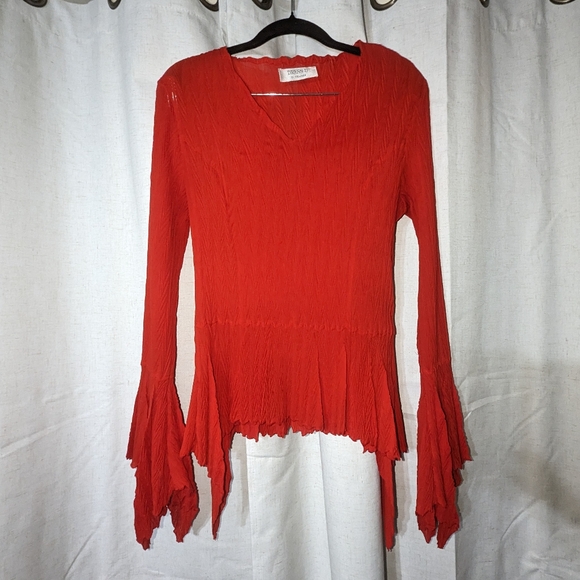 Vintage Tops - Red Long Flared Sleeves Dramatic Crinkle Top